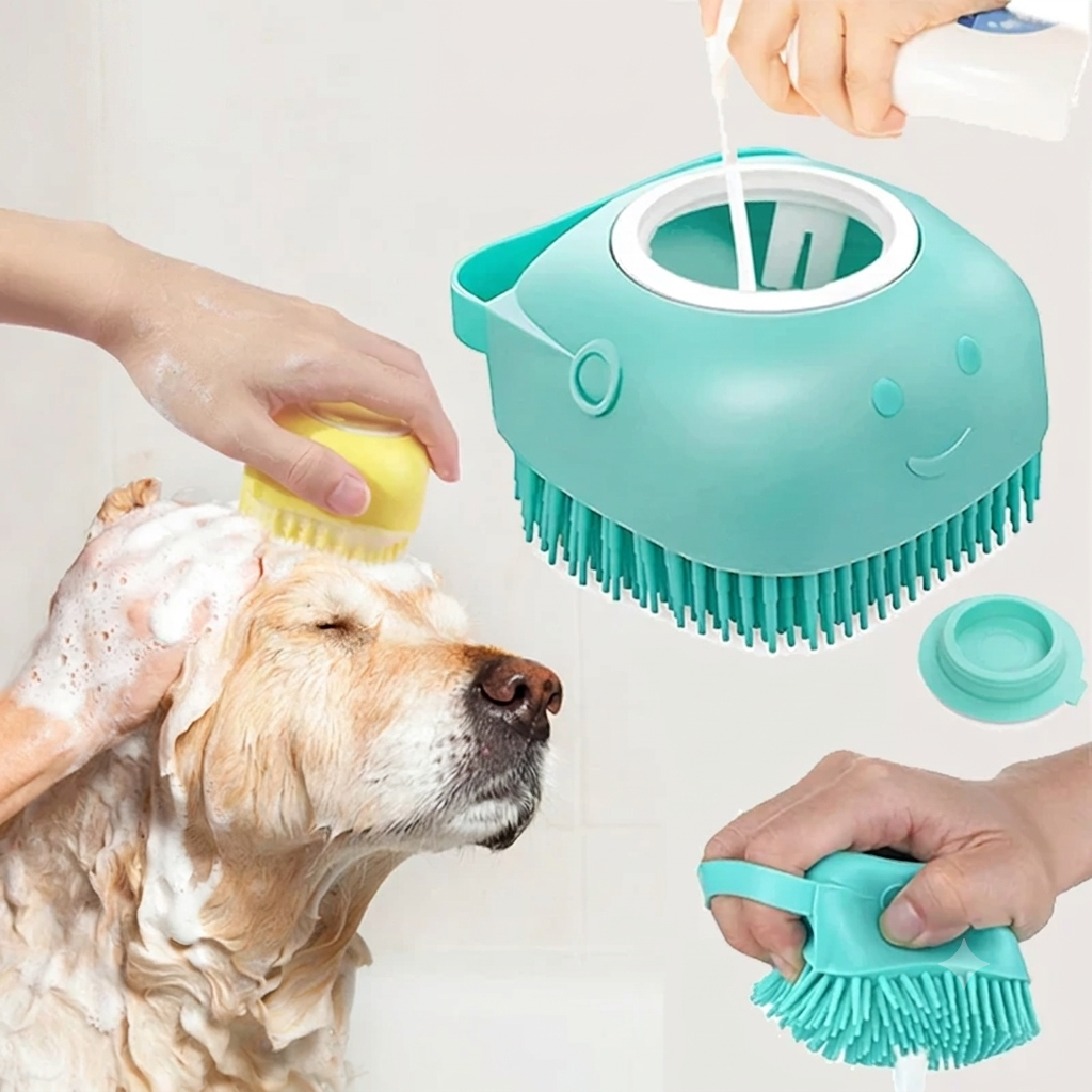 Brosse de bain et massage pour chien et chat – Distributeur de shampoing intégré