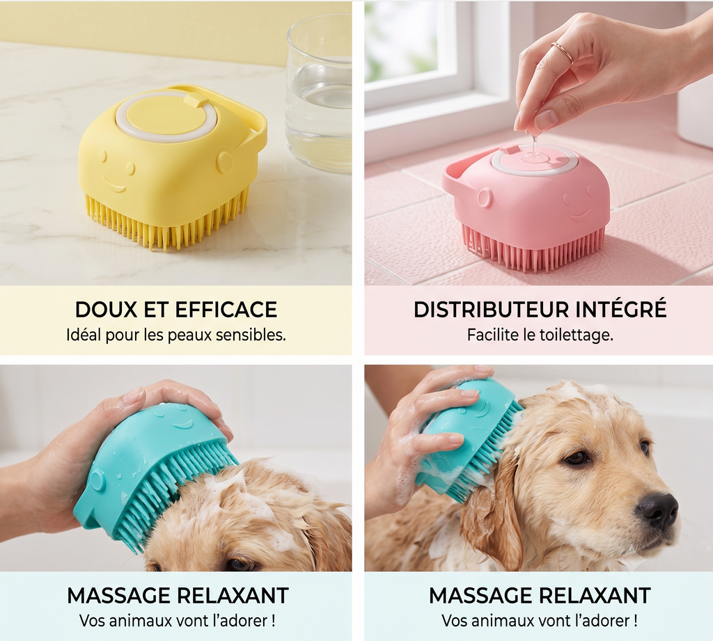 Brosse de bain et massage pour chien et chat – Distributeur de shampoing intégré