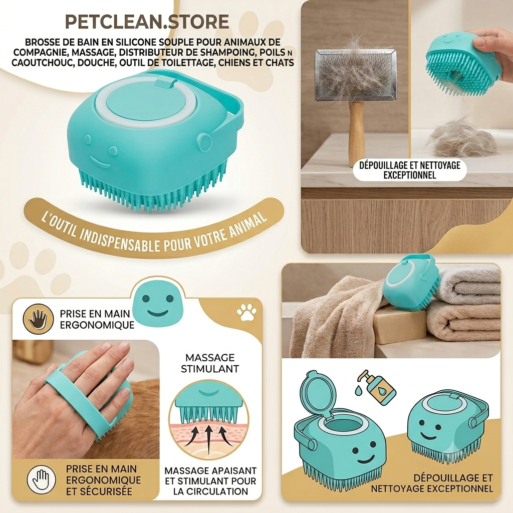 Brosse de bain et massage pour chien et chat – Distributeur de shampoing intégré